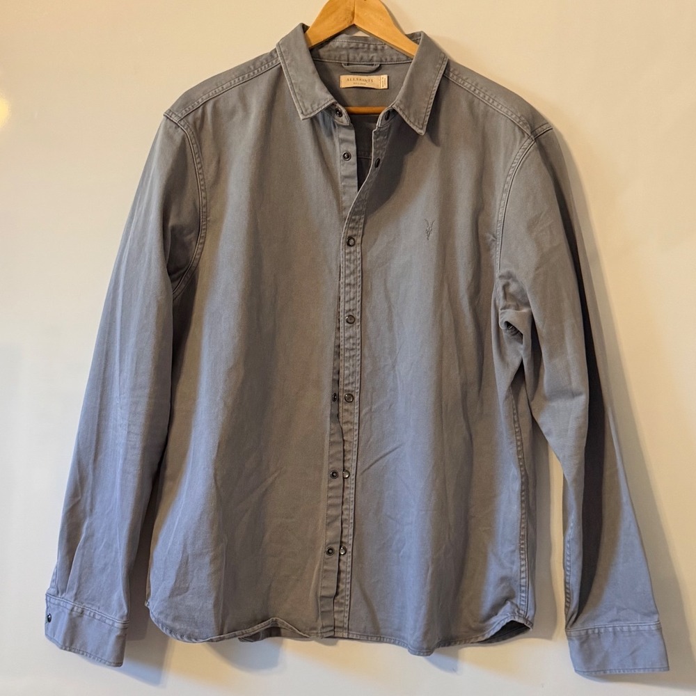 AllSaints Staveley Shirt Mens XXL Grey Cotton Twill Ramskull Long Sleeve MR006Y